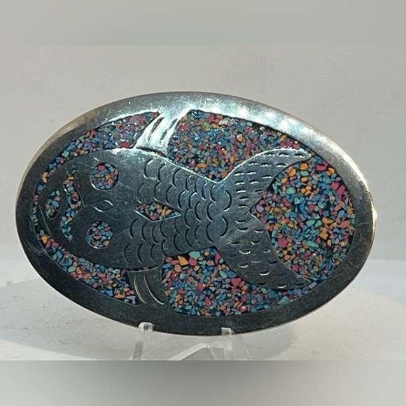 Vintage 70's Sealife Alpaca Alloy Silver Southwest Artistry Belt Buckle - Picture 3 of 5